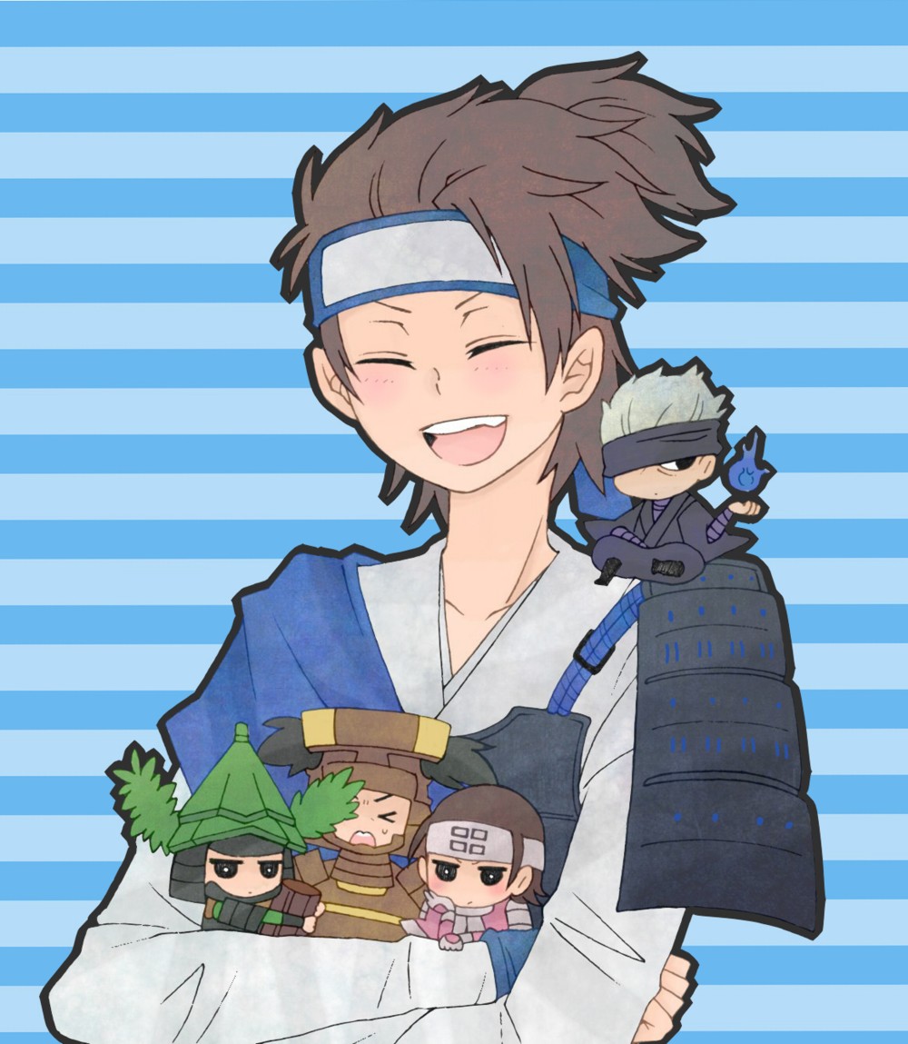 >_<, 5boys, :d, amago_haruhisa_(sengoku_basara), anegakoji_yoritsuna_(sengoku_basara), blue_background, blue_headband, brown_hair, chibi, chibi_on_shoulder, chun_(76pero), eyepatch, forehead_protector, headband, holding_chibi, light_blush, looking_ahead, looking_to_the_side, male_focus, multiple_boys, nanbu_harumasa_(sengoku_basara), satake_yoshishige_(sengoku_basara), sengoku_basara, short_hair, simple_background, smile, striped_background, sweatdrop, topknot, utsunomiya_hirotsuna_(sengoku_basara)