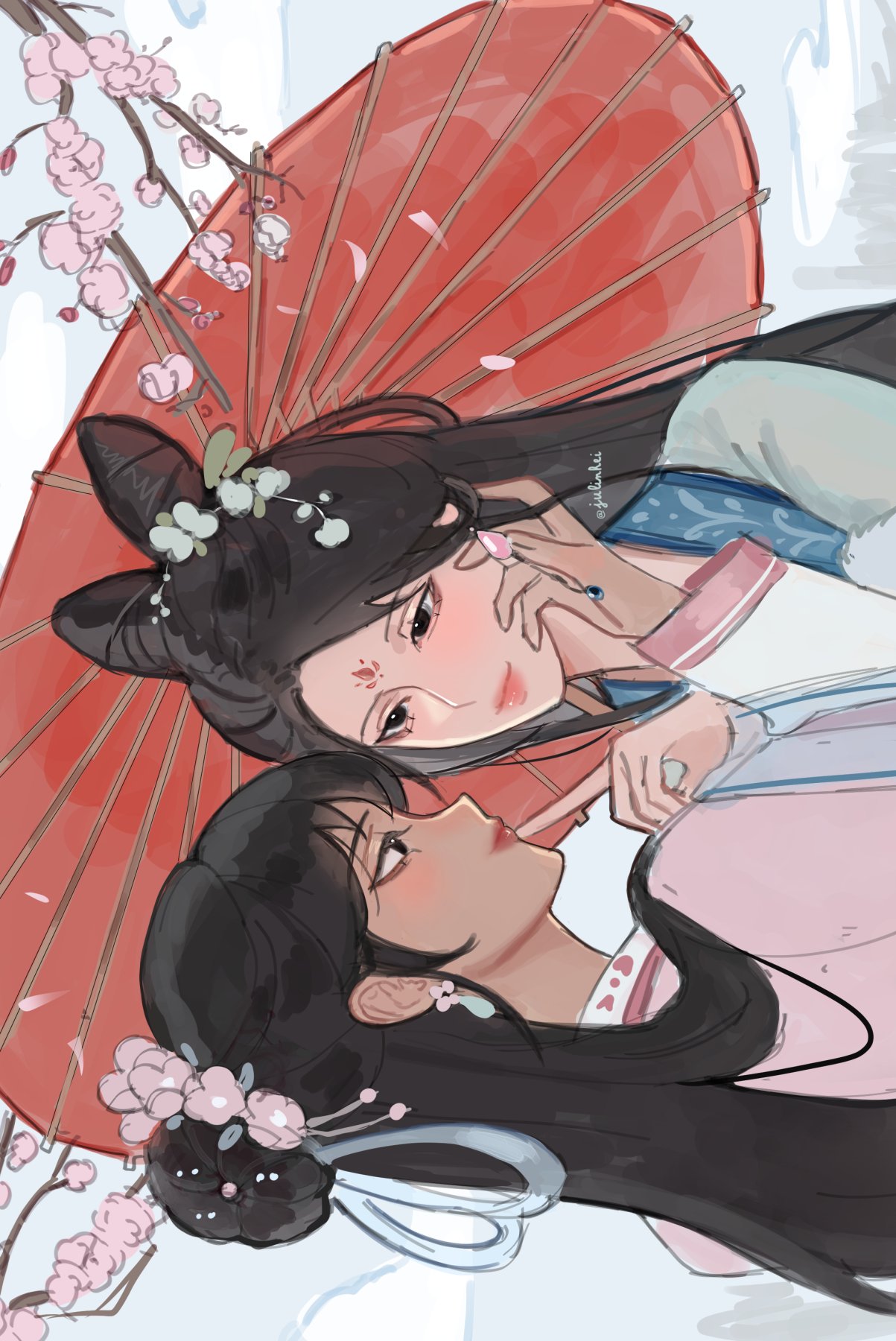 2girls, black_eyes, black_hair, blue_hanfu, bow-shaped_hair, branch, chinese_clothes, closed_mouth