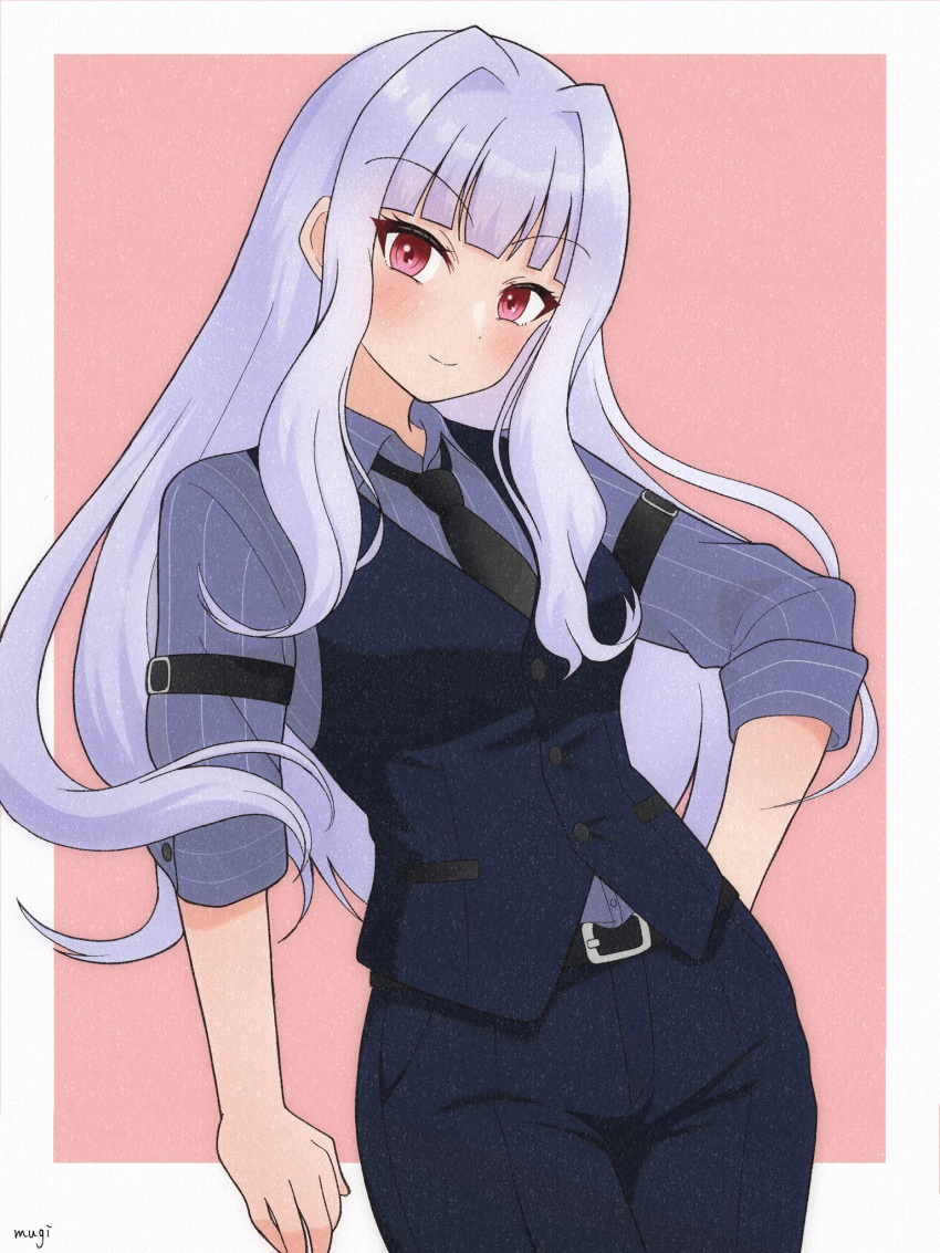 1girl, 82k_mugi, arm_behind_back, artist_name, bartender, belt, black_belt, black_necktie