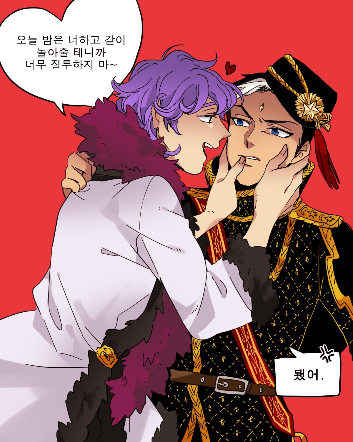 2boys, anger_vein, belt, black_hair, blue_eyes, coat, commentary_request, cowboy_shot, feather_boa, fur-trimmed_coat, fur_trim, glacier_(sugar_sugar_rune), hands_on_another's_face, hat, heart, highres, indigo_93, korean_commentary, korean_text, male_focus, multiple_boys, purple_hair, red_background, rockin'_robin_(sugar_sugar_rune), short_hair, simple_background, smile, speech_bubble, sugar_sugar_rune, translation_request, white_hair