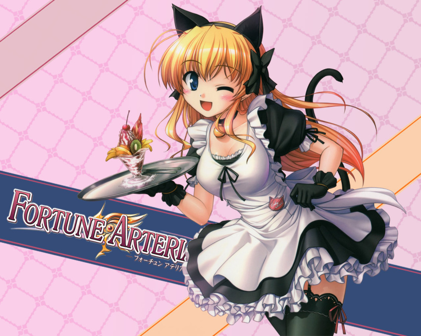 animal_ears, bekkankou, catgirl, cleavage, dress, fortune_arterial, maid, sendo_erika, stockings, tail, thigh-highs, thighhighs