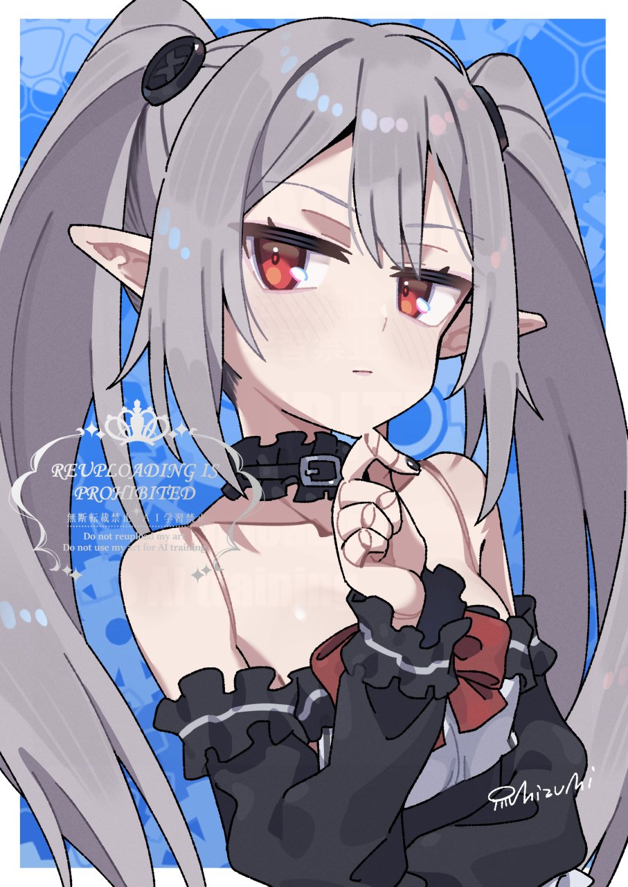 1girl, artist_name, bare_shoulders, belt_collar, black_collar, black_nails, bow, bowtie