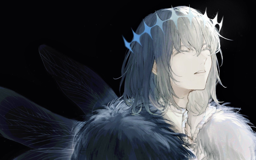 1boy, arthropod_boy, black_background, clenched_teeth, closed_eyes, diamond_hairband, dragonfly_wings, fate/grand_order