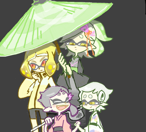 +_+, 3girls, aged_down, agent_4_(splatoon), callie_(splatoon), holding, holding_umbrella, inkling