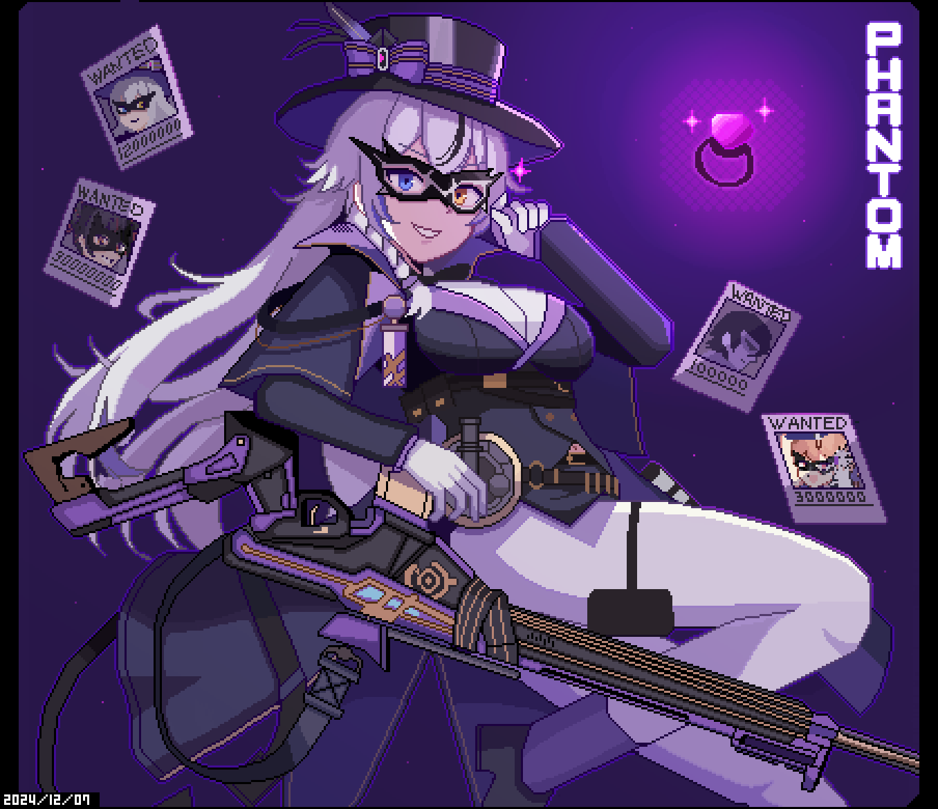 1girl, assault_rifle, black_hair, black_streaks, blue_eyes, breasts, brown_hair, capelet, cat_mask, coat, commander_(nikke), commentary_request, domino_mask, double-parted_bangs, gloves, goddess_of_victory:_nikke, greyscale, gun, hat, heterochromia, jewelry, leg_up, long_hair, looking_at_viewer, mask, miranda_(nikke), miranda_(thief_of_justice)_(nikke), monochrome, multicolored_hair, pantyhose, phantom_(nikke), pixel_art, quency_(escape_queen)_(nikke), quency_(nikke), red_streaks, rifle, ring, shorts, smile, solo, sparkle, strap, streaked_hair, sugiyamasama, wanted_poster, weapon, white_gloves, white_hair, yellow_eyes