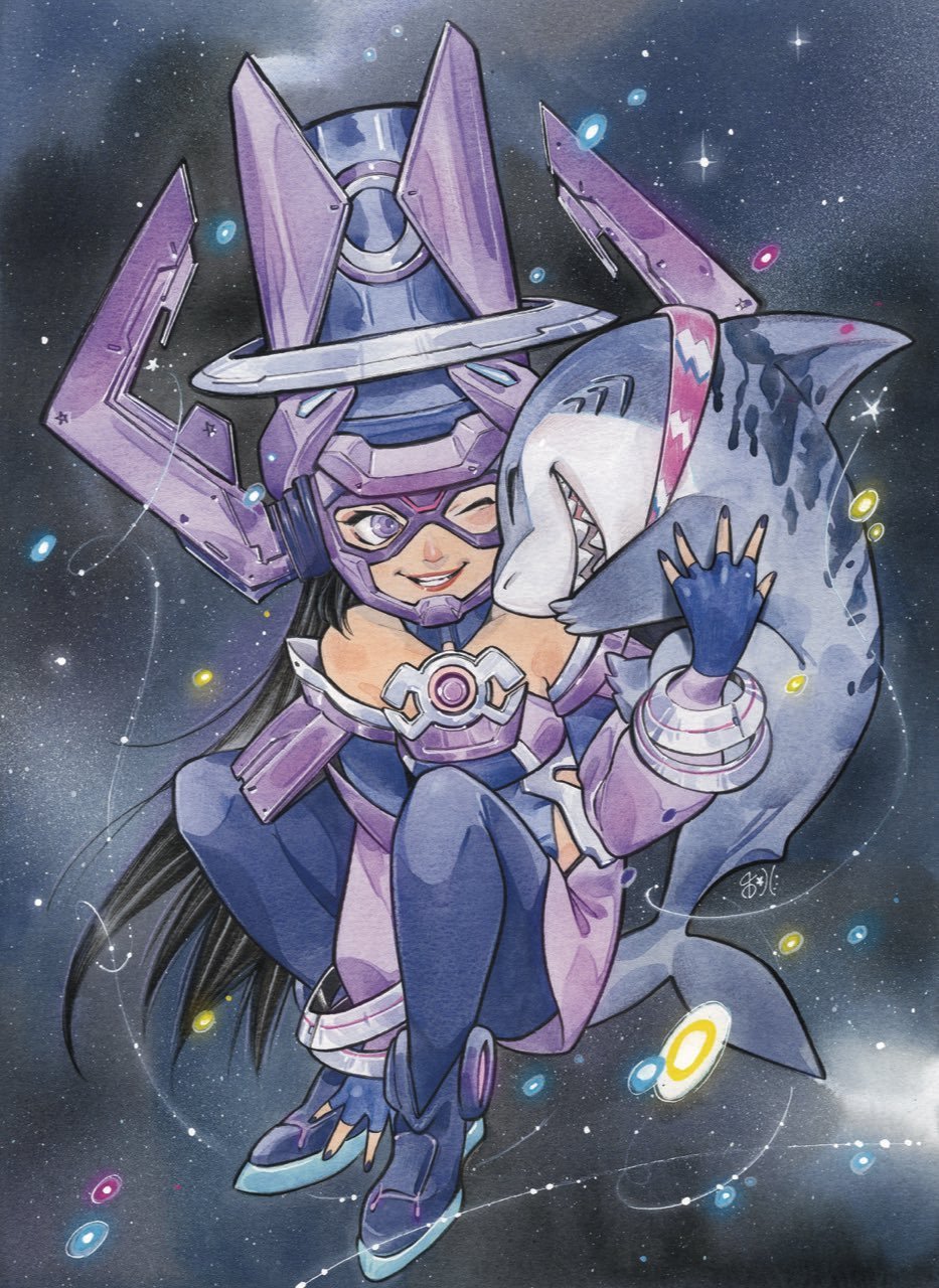 1girl, 1other, animal, black_hair, collar, galacta, galaxy, jeff_(marvel)