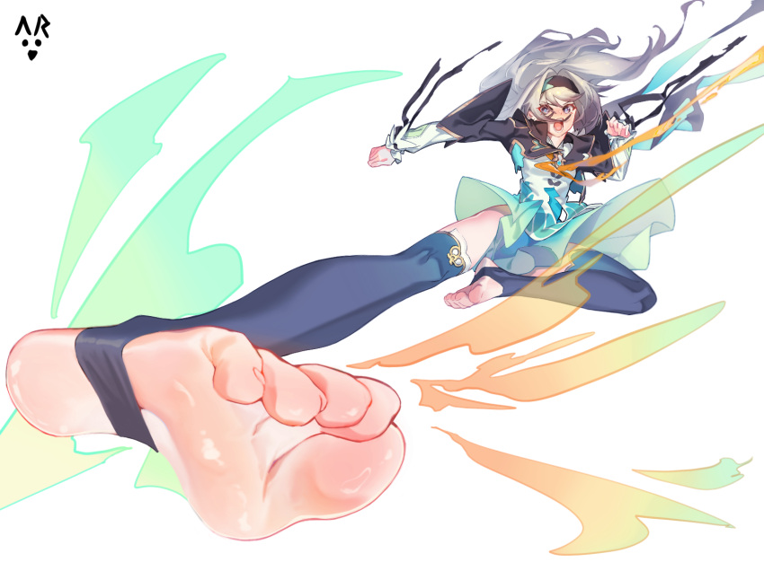 1girl, artist_logo, commentary, feet, firefly_(honkai:_star_rail), flying_kick, grey_hair, hairband