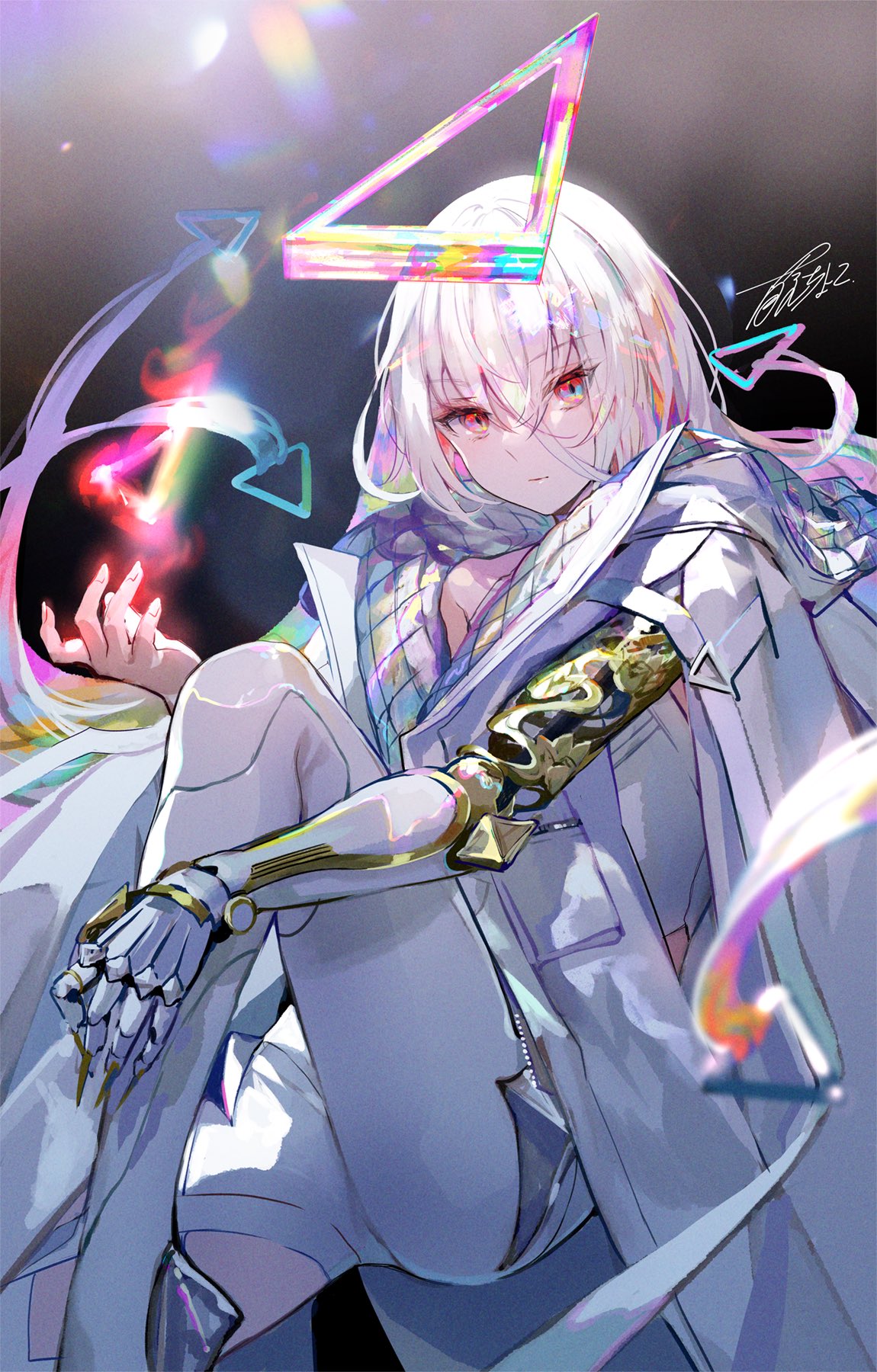 1other, androgynous, bodysuit, cloak, clothing_cutout, crossed_bangs, english_commentary, finger_claws
