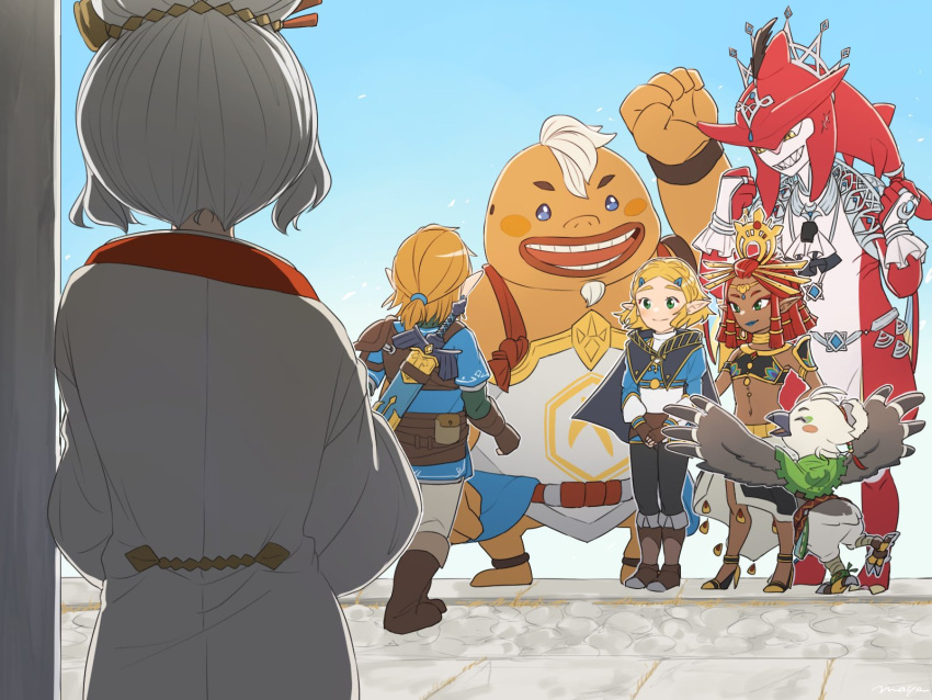 3girls, 4boys, arm_up, armor, bird_boy, black_cape, black_pants, blonde_hair