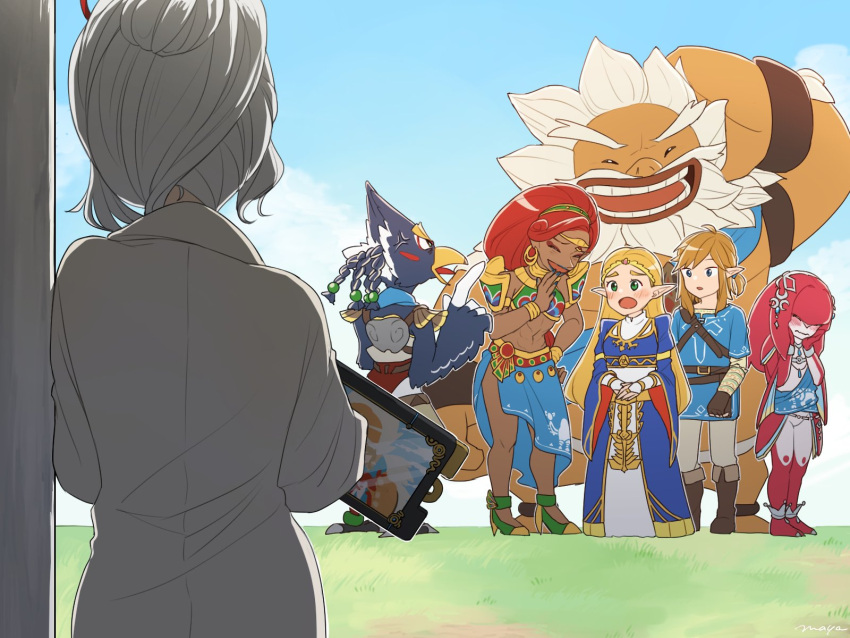 3boys, 4girls, armor, beard, belt, bird_boy, blonde_hair, blue_dress