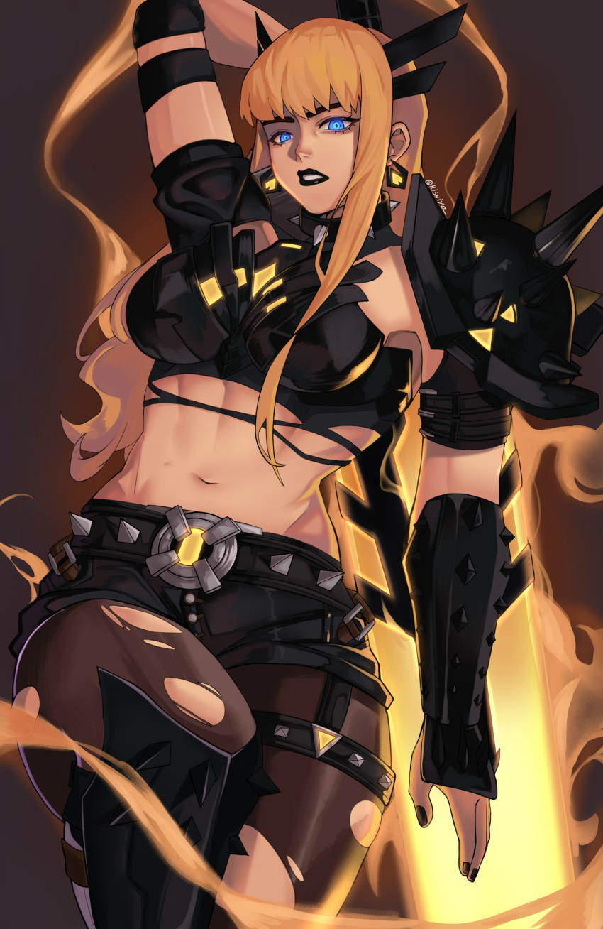 1girl, black_shorts, blonde_hair, blue_eyes, highres, kishi-yo, magik_(x-men), marvel, marvel_rivals, shorts, sword, x-men