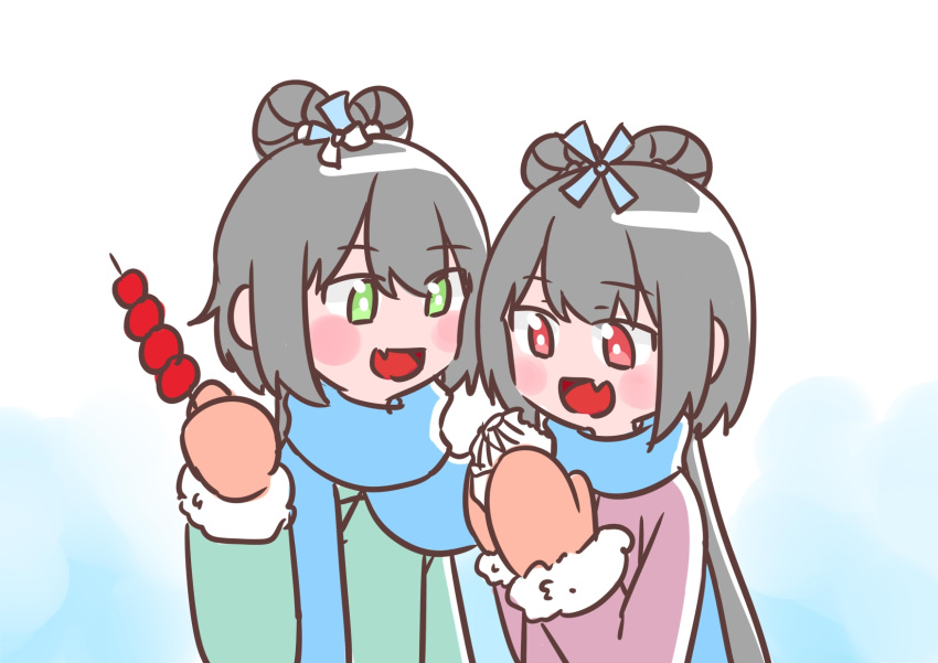 2girls, artist_request, baozi, blue_scarf, blush, eating, eyebrows_visible_through_hair, eyes_visible_through_hair