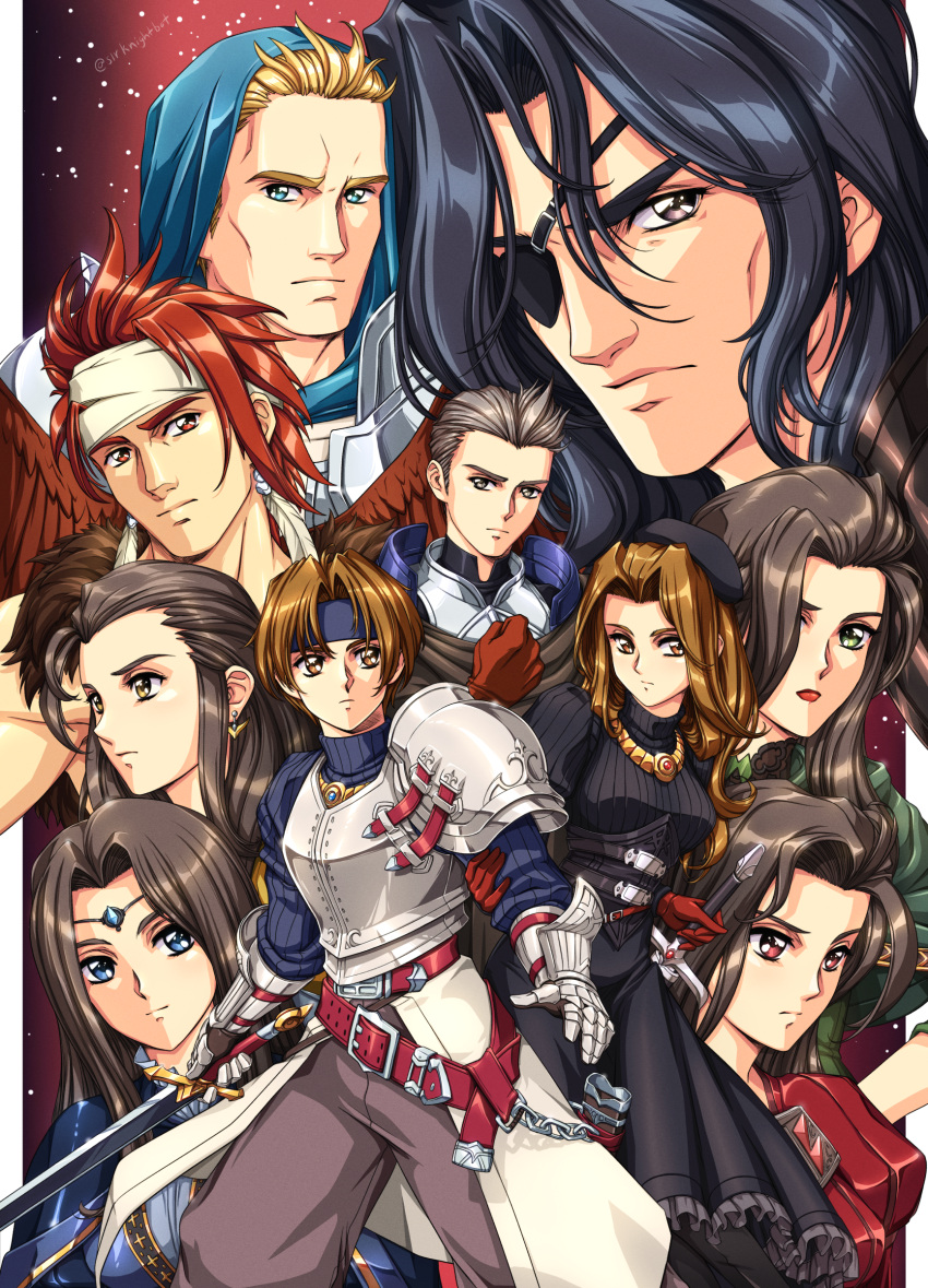 5boys, 5girls, absurdres, armor, blue_hair, brown_hair, canopus_wolph, catiua_powell