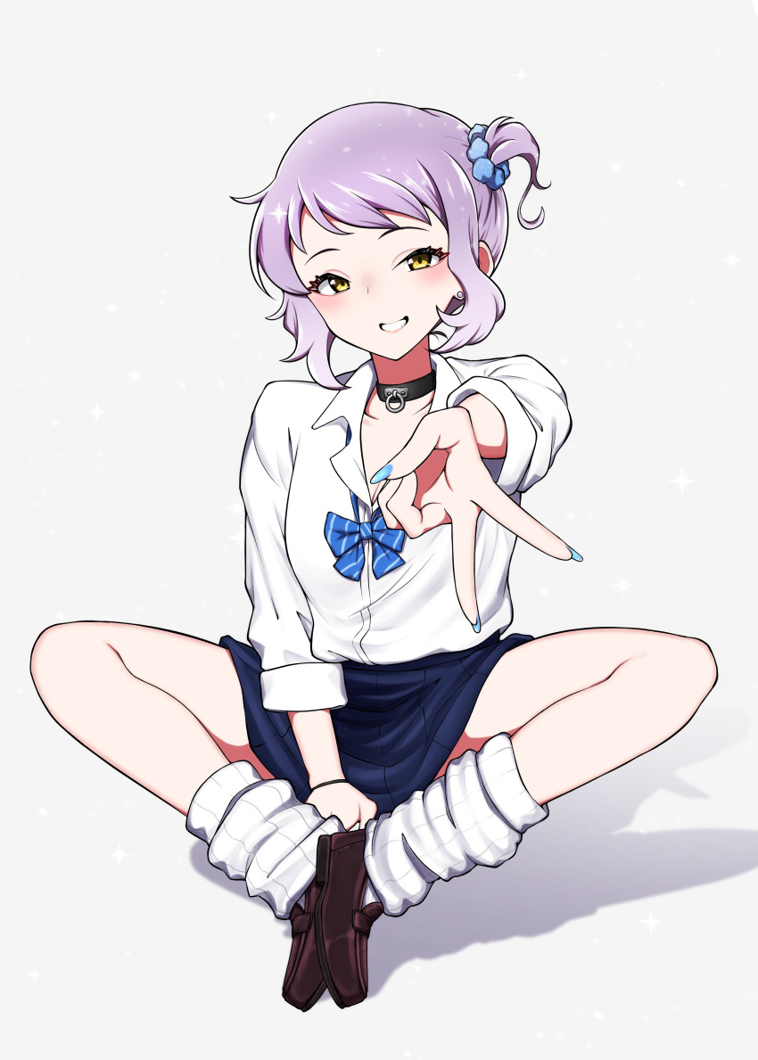 1girl, absurdres, black_choker, black_skirt, blue_bow, blue_bowtie, blue_nails, blush