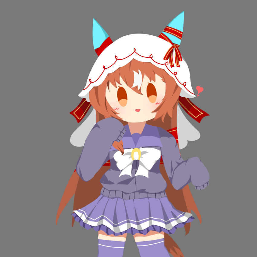 1girl, animal_ears, blush, brown_hair, cardigan, commentary_request, doluckyo, grey_background, hair_between_eyes, hair_ornament, highres, horse_girl, horse_tail, long_sleeves, looking_at_viewer, open_mouth, red_eyes, school_uniform, simple_background, solo, still_in_love_(umamusume), tail, thigh-highs, tracen_school_uniform, umamusume, veil, winter_uniform