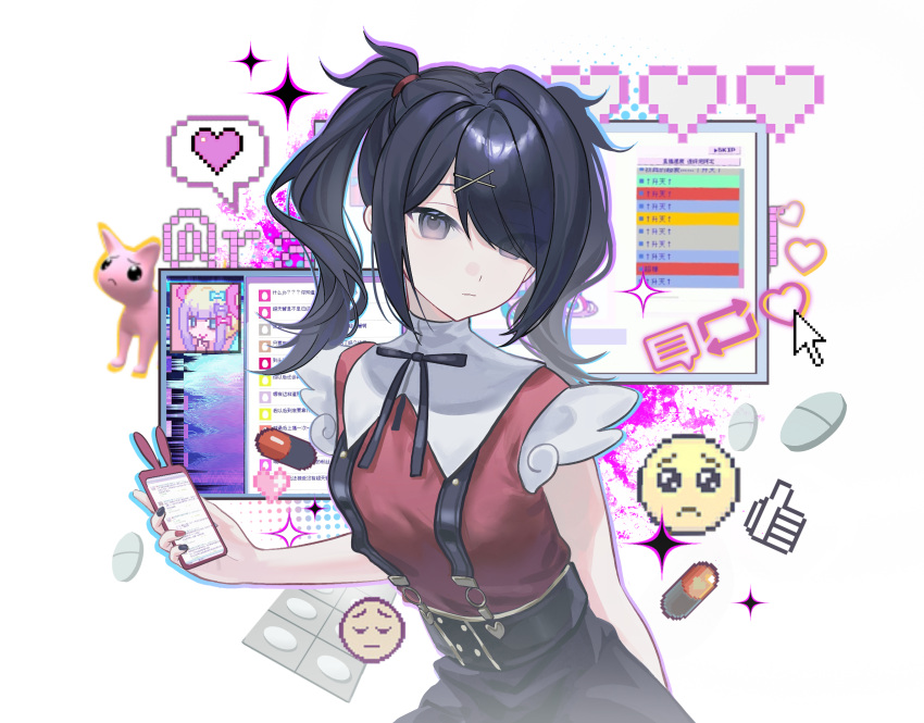 1girl, ame-chan_(needy_girl_overdose), black_eyes, black_hair, black_nails, black_ribbon, black_skirt, cellphone