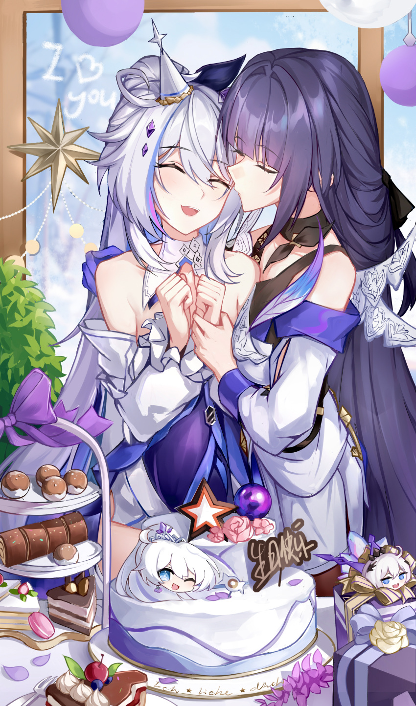 2girls, absurdres, arm_around_shoulder, balloon, bare_shoulders, birthday, birthday_cake, cake