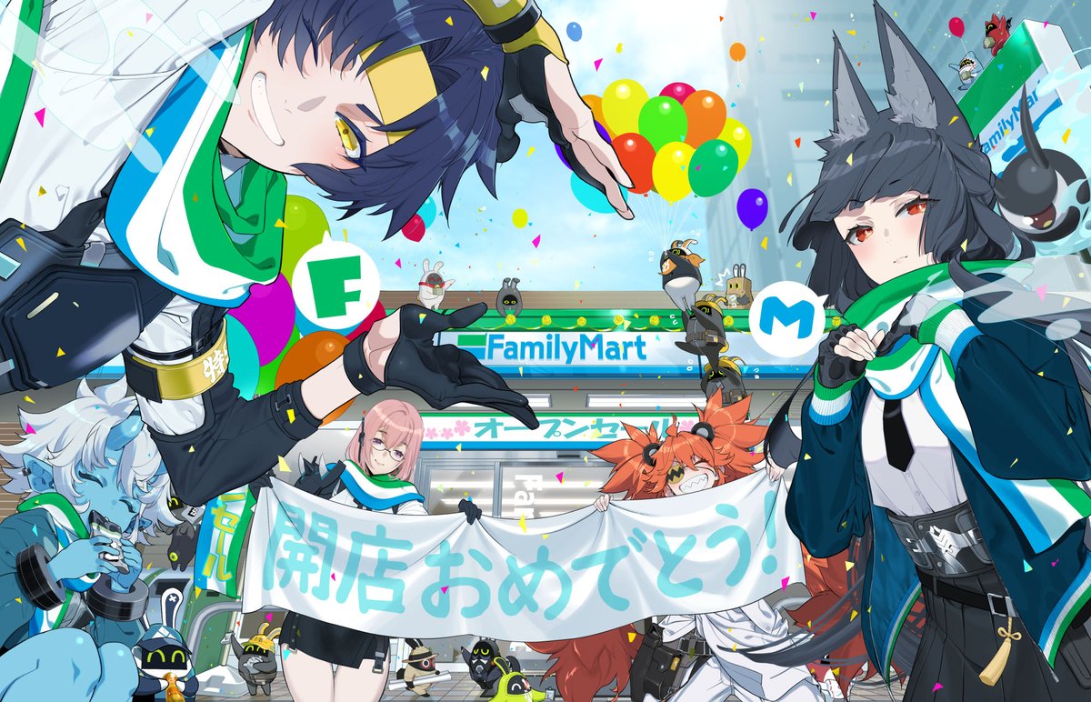 1boy, 4girls, amillion_(zenless_zone_zero), animal_ears, armor, asaba_harumasa, bagboo_(zenless_zone_zero), balloon