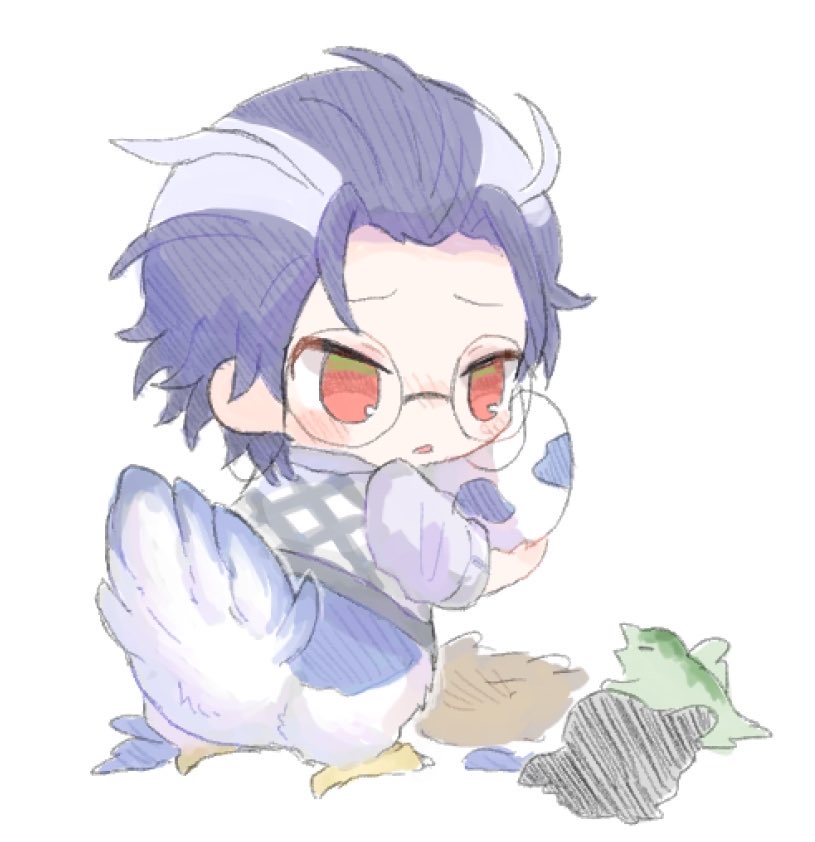 1boy, animal_legs, argyle_clothes, argyle_sweater_vest, bird, bird_tail, blush, chibi, chick, collared_shirt, egg, eyewear_strap, feathers, fusion, glasses, hair_slicked_back, holding, holding_egg, hypnosis_mic, male_focus, multicolored_hair, nest, patapatapeppy, purple_hair, red_eyes, round_eyewear, sanrio, shirt, short_hair, simple_background, sleeves_rolled_up, standing, streaked_hair, suke8364, sweater_vest, tail, tsurime, tsutsujimori_rosho, white_background