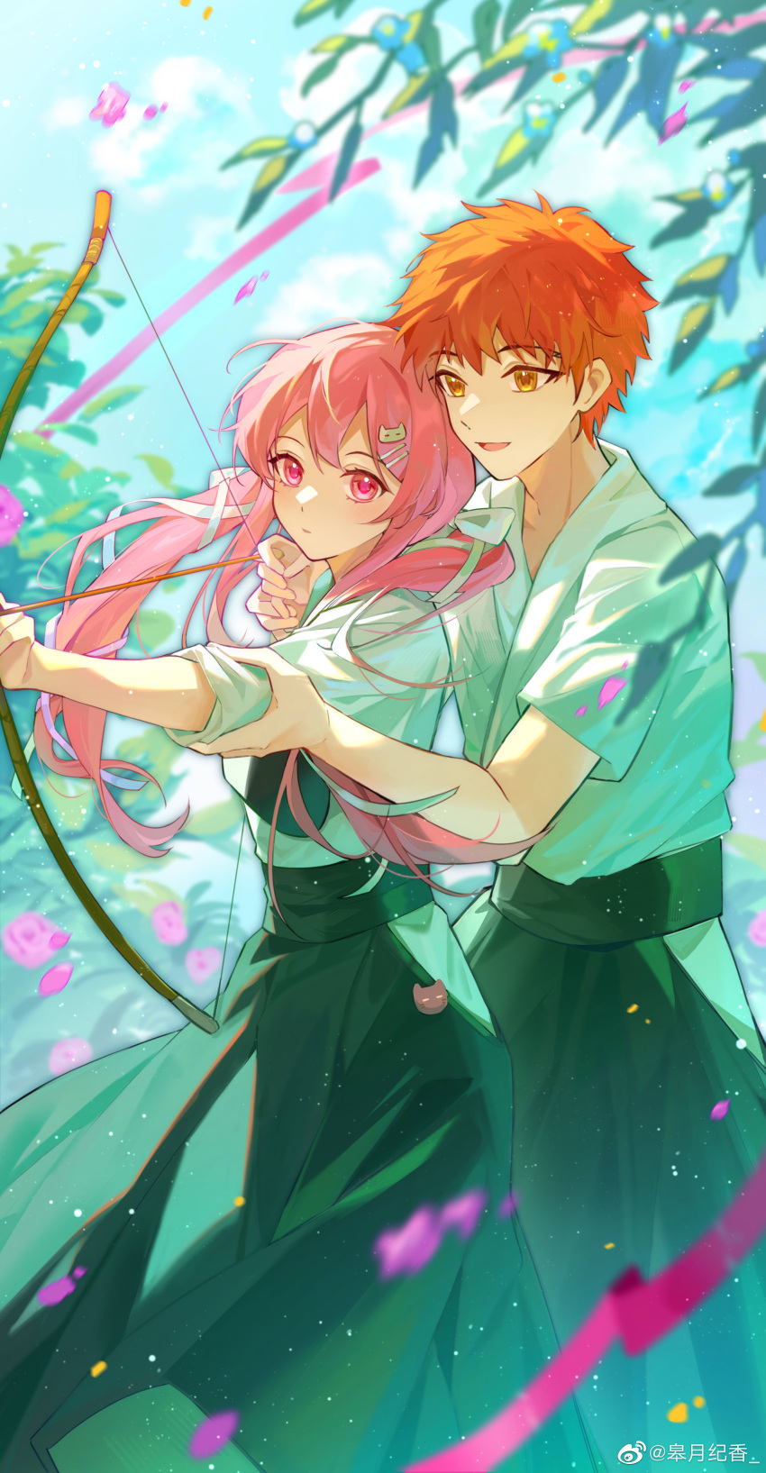 1boy, 1girl, absurdres, archery, arrow_(projectile), bow, bow_(weapon), emiya_shirou