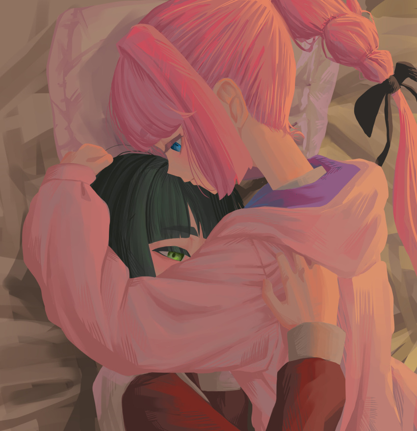 2girls, and_fersent, anyoji_hime, blue_eyes, closed_mouth, commentary_request, cuddling, from_above, green_eyes, green_hair, highres, hood, hoodie, hug, link!_like!_love_live!, long_hair, long_sleeves, looking_at_another, love_live!, lying, momose_ginko, multiple_girls, on_bed, on_side, pink_hair, pink_hoodie, ponytail, red_shirt, shirt, short_hair, yuri