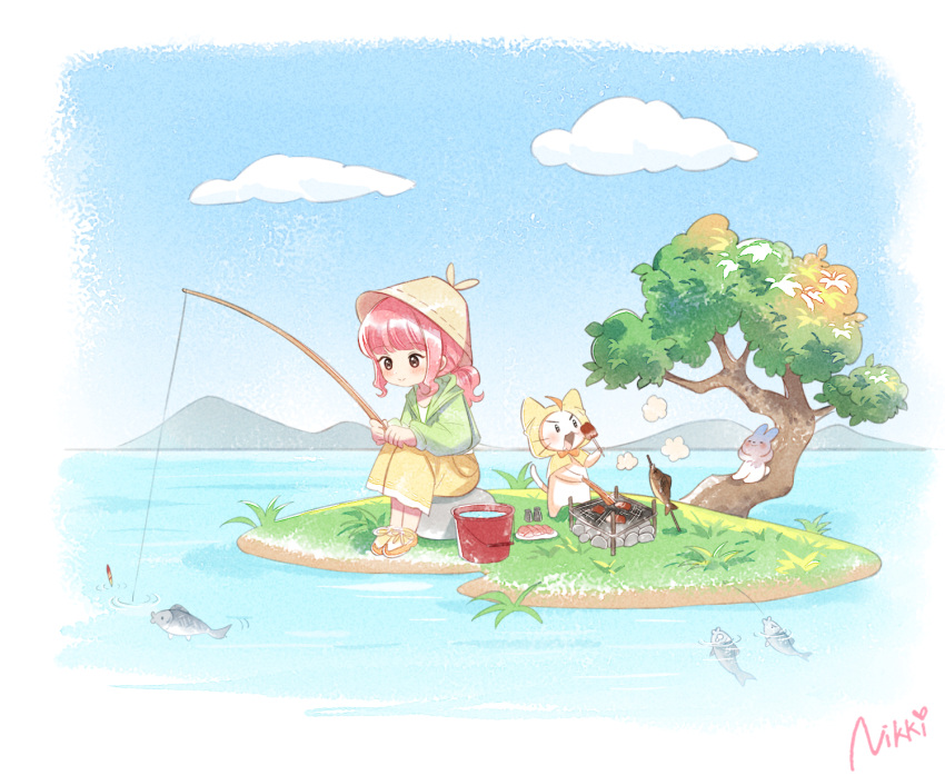 1girl, blush, brown_eyes, brown_skirt, bucket, cat, chinese_commentary, clouds