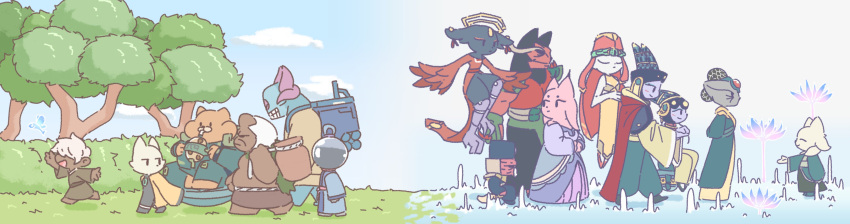 absurdres, aimu_(nine_sols), cat, chien_(nine_sols), day, eigong_(nine_sols), full_body, furry, fuxi_(nine_sols), goumang_(nine_sols), grass, hat, heng_(nine_sols), highres, ji_(nine_sols), jiequan_(nine_sols), kolla_kim, kuafu_(nine_sols), lear_(nine_sols), looking_back, mystic_nymph_(nine_sols), nine_sols, nuwa_(nine_sols), shennong_(nine_sols), shuanshuan_(nine_sols), tagme, tree, yanlao_(nine_sols), yi_(nine_sols)
