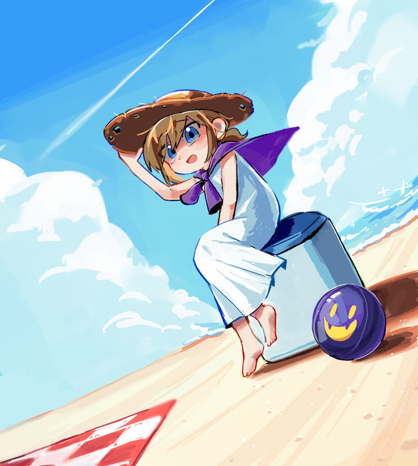 1girl, :d, a_hat_in_time, alternate_costume, ball, barefoot, beach, blanket