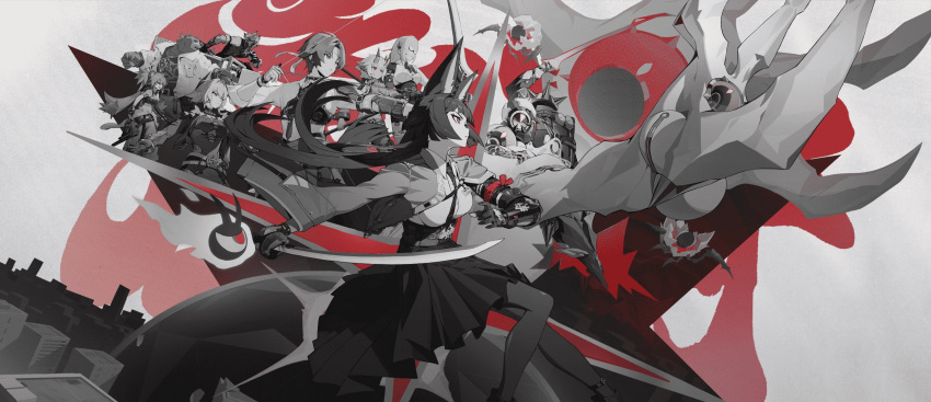 2boys, 5girls, animal_ear_fluff, animal_ears, asaba_harumasa, ben_bigger, blunt_bangs, bow_(weapon)