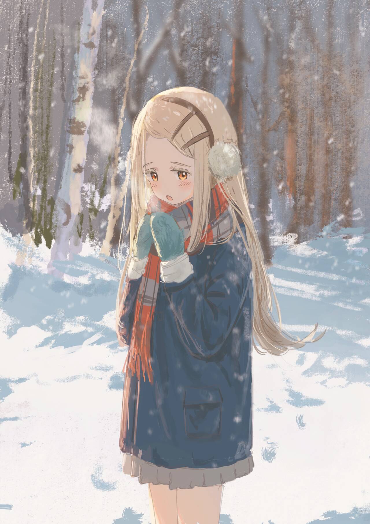 1girl, :o, arisu_syndrome, black_coat, blonde_hair, blush, breath, coat