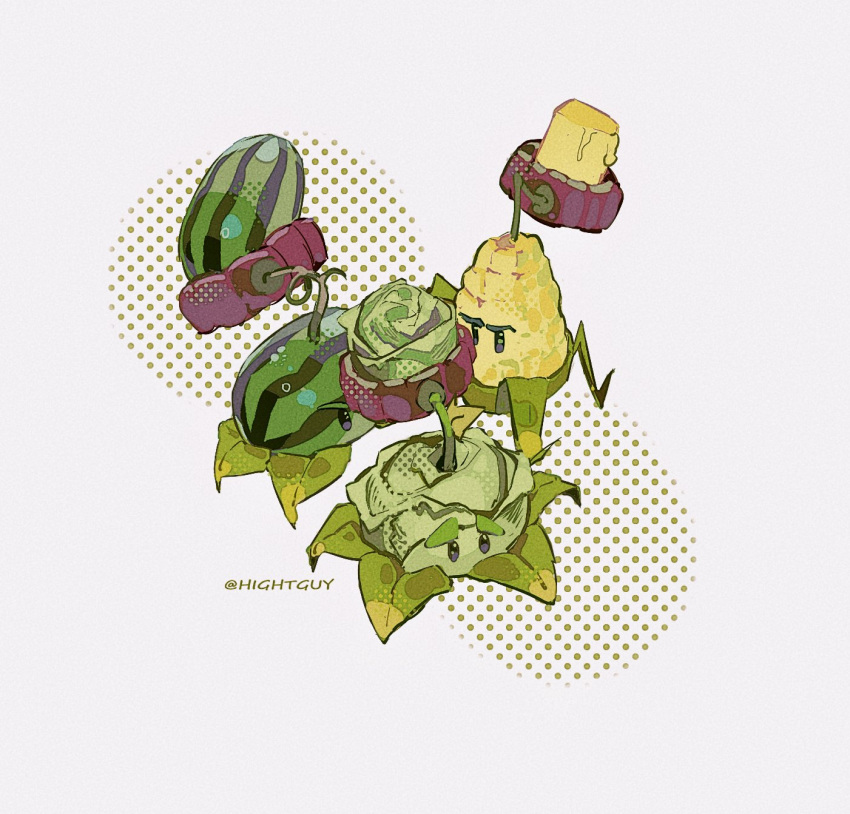 artist_name, black_eyes, butter, cabbage, cabbage-pult_(plants_vs_zombies), commentary, food, fruit, halftone, hashtag-only_commentary, highres, hightguy, kernel-pult_(plants_vs_zombies), leaf, melon-pult_(plants_vs_zombies), no_humans, plant, plants_vs_zombies, watermelon, white_background