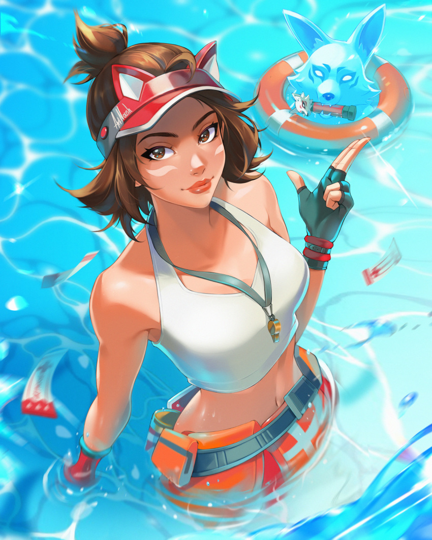 1girl, animal, brown_eyes, brown_hair, fox, kiriko_(overwatch), lifeguard, noush