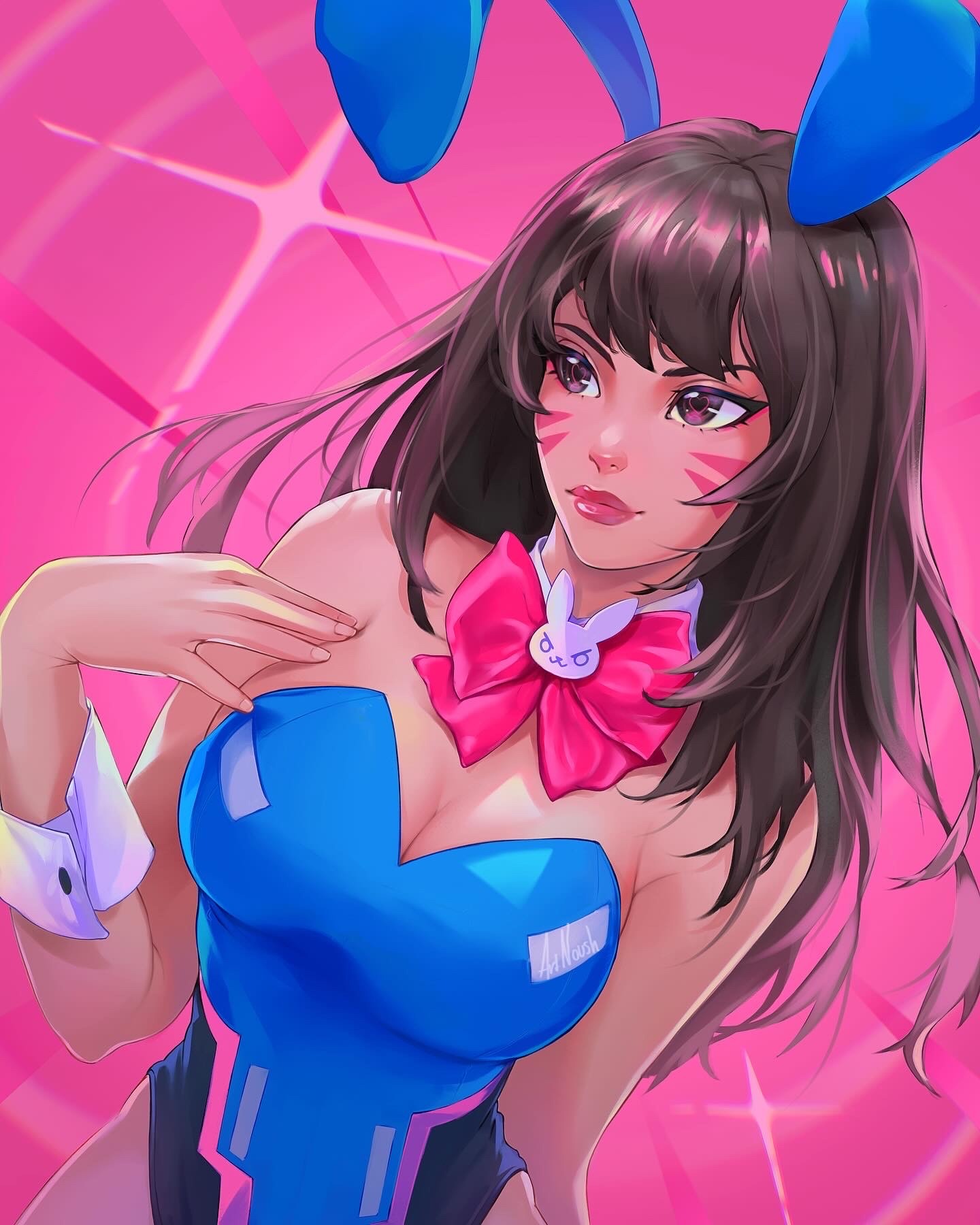 1girl, bow, brown_hair, bunnysuit, d.va_(overwatch), facepaint, noush, overwatch