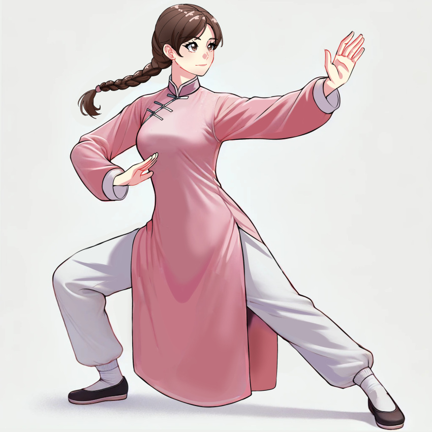 1girl, absurdres, brown_eyes, brown_hair, changpao, china_dress, chinese_clothes, dress, fighting, fighting_stance, highres, kokoro_no_koibito, kung_fu, long_hair, long_sleeves, martial_arts, monk, original, pink_dress, self-upload, shaolin_monk, tangzhuang, training