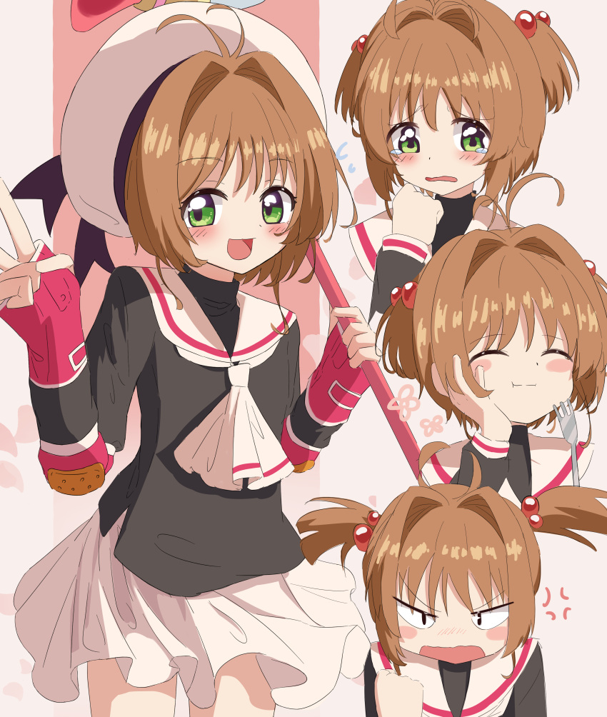 1girl, :t, absurdres, anger_vein, angry, antenna_hair, ascot, beret, black_shirt, blush, blush_stickers, brown_hair, cardcaptor_sakura, clenched_hand, closed_eyes, closed_mouth, cowboy_shot, crying, dot_nose, eating, elbow_pads, fingerless_gloves, fork, fuuin_no_tsue, gloves, green_eyes, hair_bobbles, hair_intakes, hair_ornament, hand_on_own_cheek, hand_on_own_face, hat, highres, holding, holding_fork, holding_wand, kinomoto_sakura, long_sleeves, looking_at_viewer, multiple_views, open_mouth, pink_gloves, sailor_collar, school_uniform, shirt, short_hair, short_twintails, simple_background, skirt, smile, solo, spiral_(udon), tears, tomoeda_elementary_school_uniform, turtleneck, twintails, two-tone_background, v, v-shaped_eyebrows, wand, white_ascot, white_background, white_hat, white_sailor_collar, white_skirt
