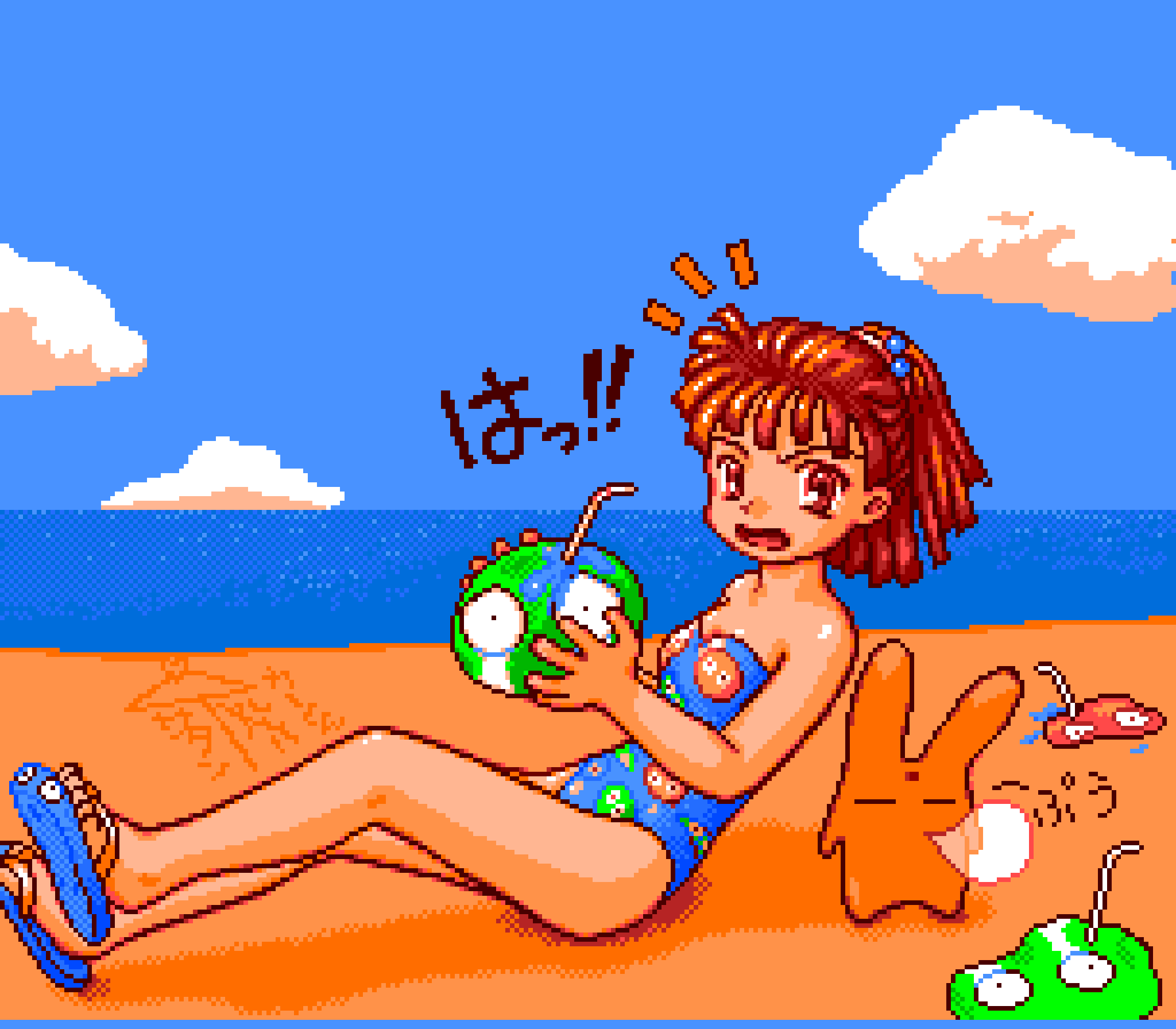 !!, 1girl, 2000windowshakejoj_(artist), arle_nadja, beach, blue_swimsuit, brown_eyes, brown_hair