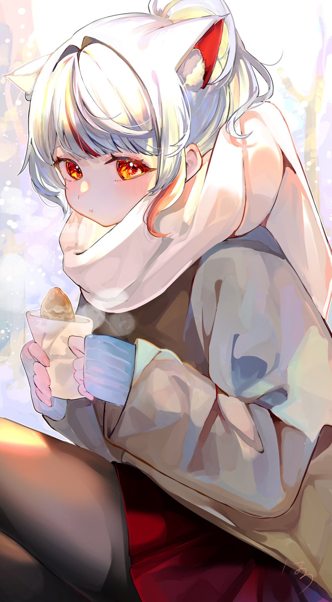 1girl, animal_ear_fluff, animal_ears, black_pantyhose, cat_ears, cat_girl, closed_mouth, eating