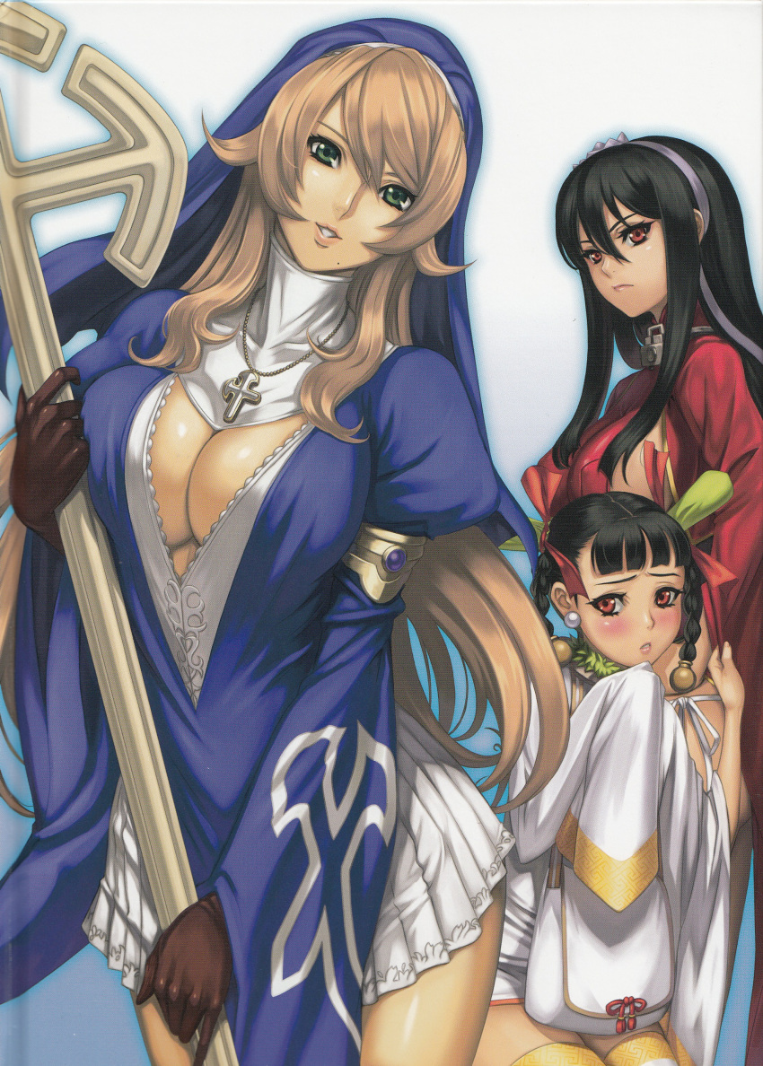 1boy, absurdres, armlet, binding_discoloration, black_hair, blonde_hair, blush, breasts, cleavage, cross, eiwa, green_eyes, highres, large_breasts, multiple_girls, nun, queen's_blade, queen's_blade_rebellion, queen's_blade, queen's_blade_rebellion, red_eyes, sainyan, screening, siggy, tarnyan, trap, v-neck