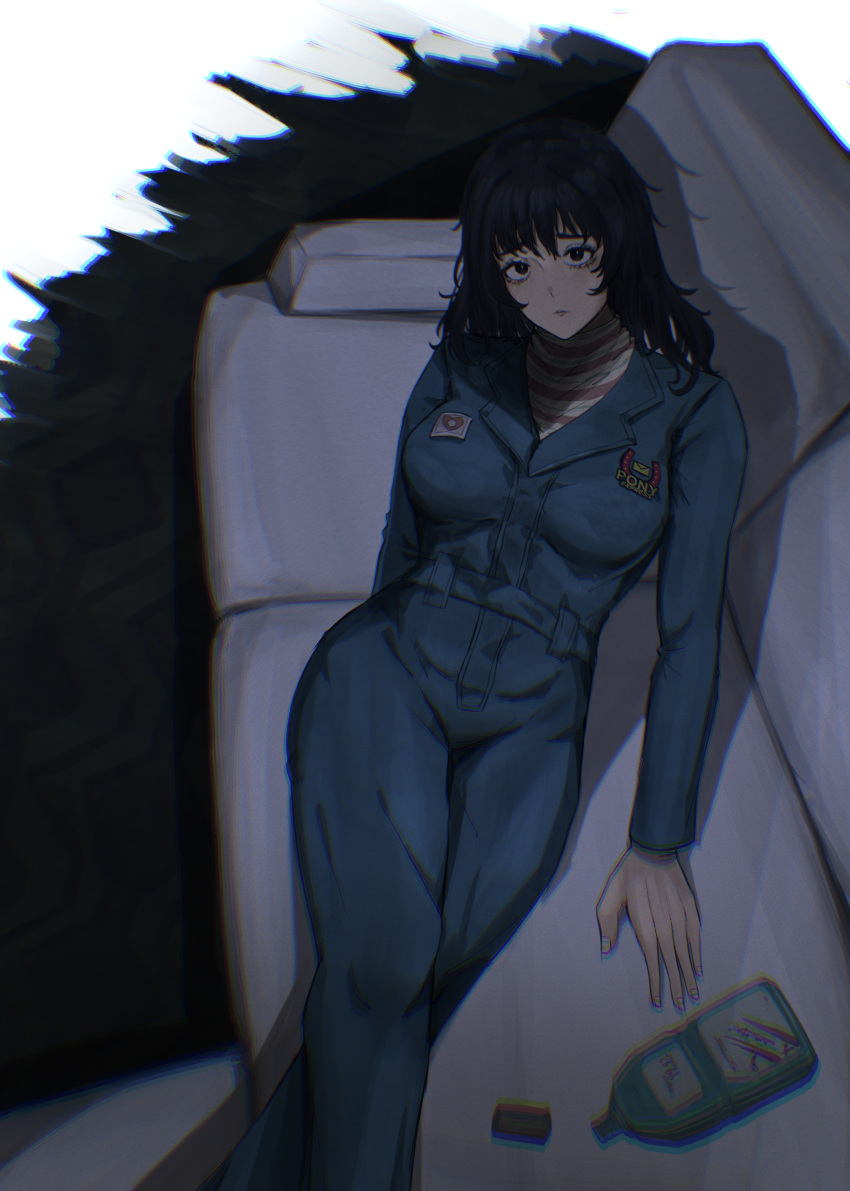 1girl, absurdres, anya_(mouthwashing), black_eyes, black_hair, blue_jumpsuit, chromatic_aberration, couch, english_commentary, heart, highres, horseshoe_print, jumpsuit, long_hair, long_sleeves, mouthwash, mouthwashing, on_couch, plus_sign, sif221, solo