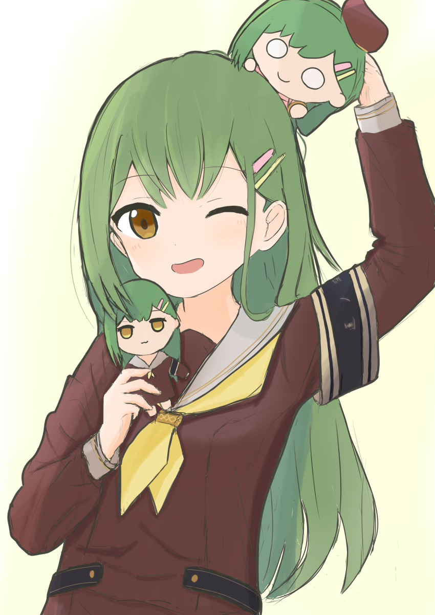 1girl, :3, ;d, armband, beret, black_armband, blush, brown_dress, brown_eyes, brown_hat, character_doll, closed_mouth, doll, dream_believers, dress, green_hair, hair_ornament, hairclip, hasu_no_sora_school_uniform, hat, highres, holding, holding_doll, kyurumaru, link!_like!_love_live!, long_hair, long_sleeves, looking_at_viewer, love_live!, neckerchief, one_eye_closed, oogami_sachi, open_mouth, sailor_collar, sailor_dress, school_uniform, smile, straight_hair, swept_bangs, tokusa_(qmwnrbtvycux), upper_body, white_sailor_collar, wide_oval_eyes, winter_uniform, yellow_background, yellow_neckerchief