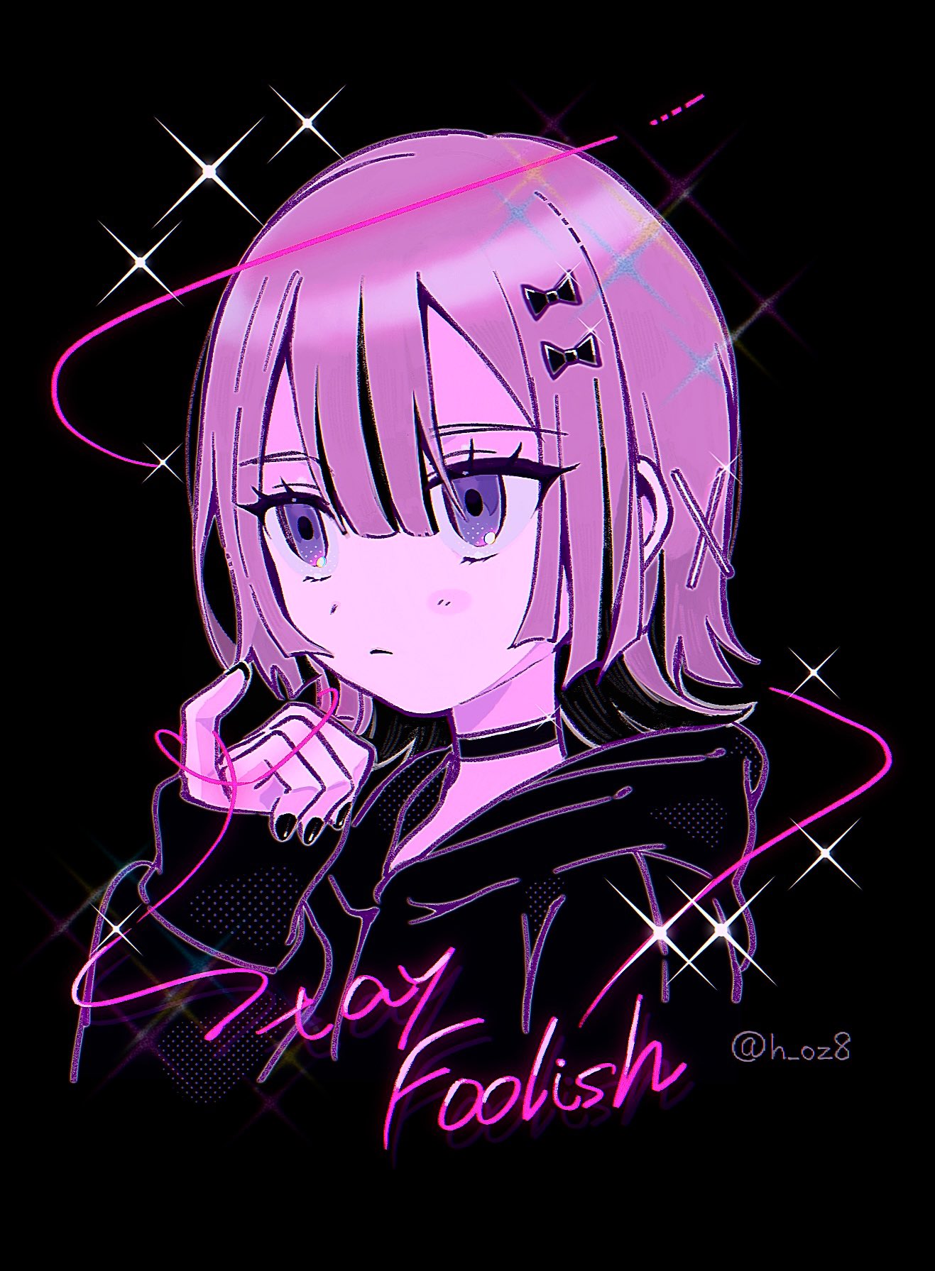 1girl, alternate_costume, artist_name, baka_janai_noni_(zutomayo), black_background, black_bow, black_choker, black_hair
