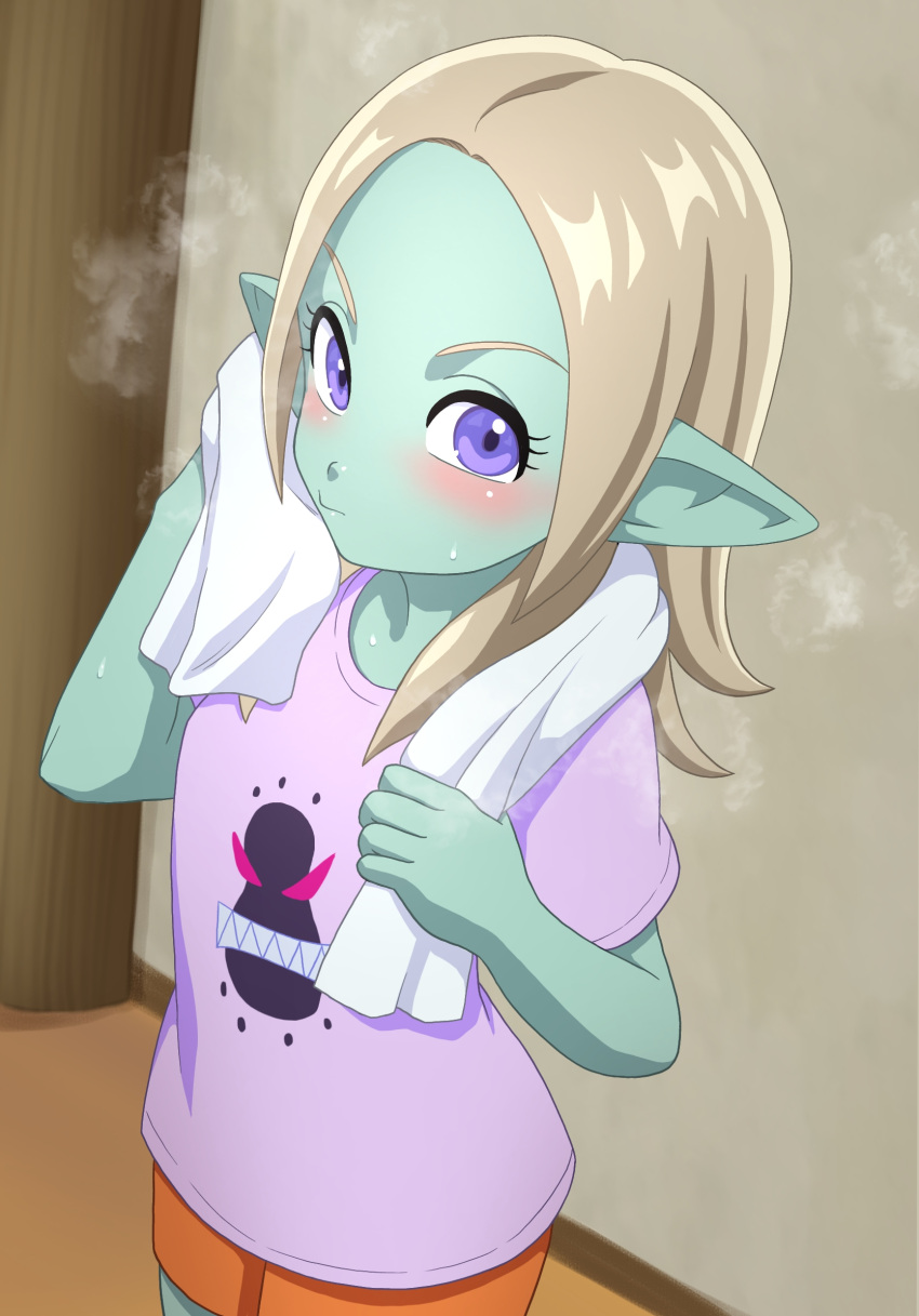 1girl, after_bathing, aqua_skin, blonde_hair, child, colored_skin, commentary_request, cowboy_shot, demon_girl, dragon_ball, dragon_ball_daima, drying, hair_down, highres, long_hair, looking_at_viewer, nxauto, official_alternate_costume, orange_shorts, pansy_(dragon_ball_daima), parted_hair, pink_shirt, pointy_ears, shirt, shorts, solo, steam, t-shirt, towel, towel_around_neck, violet_eyes