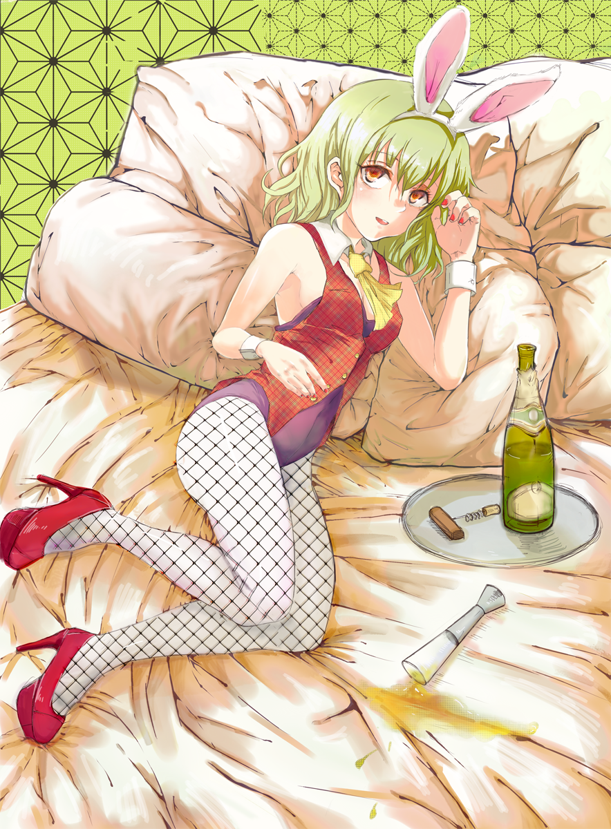animal_ears, ascot, bed, bottle, bunny_ears, bunny_tail, bunnysuit, champagne