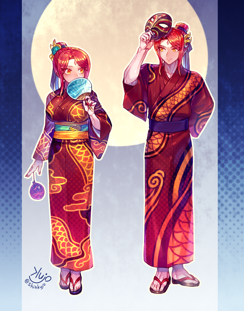 1boy, 1girl, arm_behind_back, border, breasts, commentary_request, covering_own_mouth, dragon_print, dual_persona, facial_mark, forehead_mark, full_body, genderswap, genderswap_(mtf), gradient_border, hair_bun, hand_fan, holding, holding_fan, holding_mask, japanese_clothes, kimono, large_breasts, looking_at_another, looking_to_the_side, mask, multicolored_eyes, orange_eyes, orange_hair, original, red_nails, sandals, shinku_castle, slit_pupils, twitter_username, unworn_mask, yellow_eyes, yukata