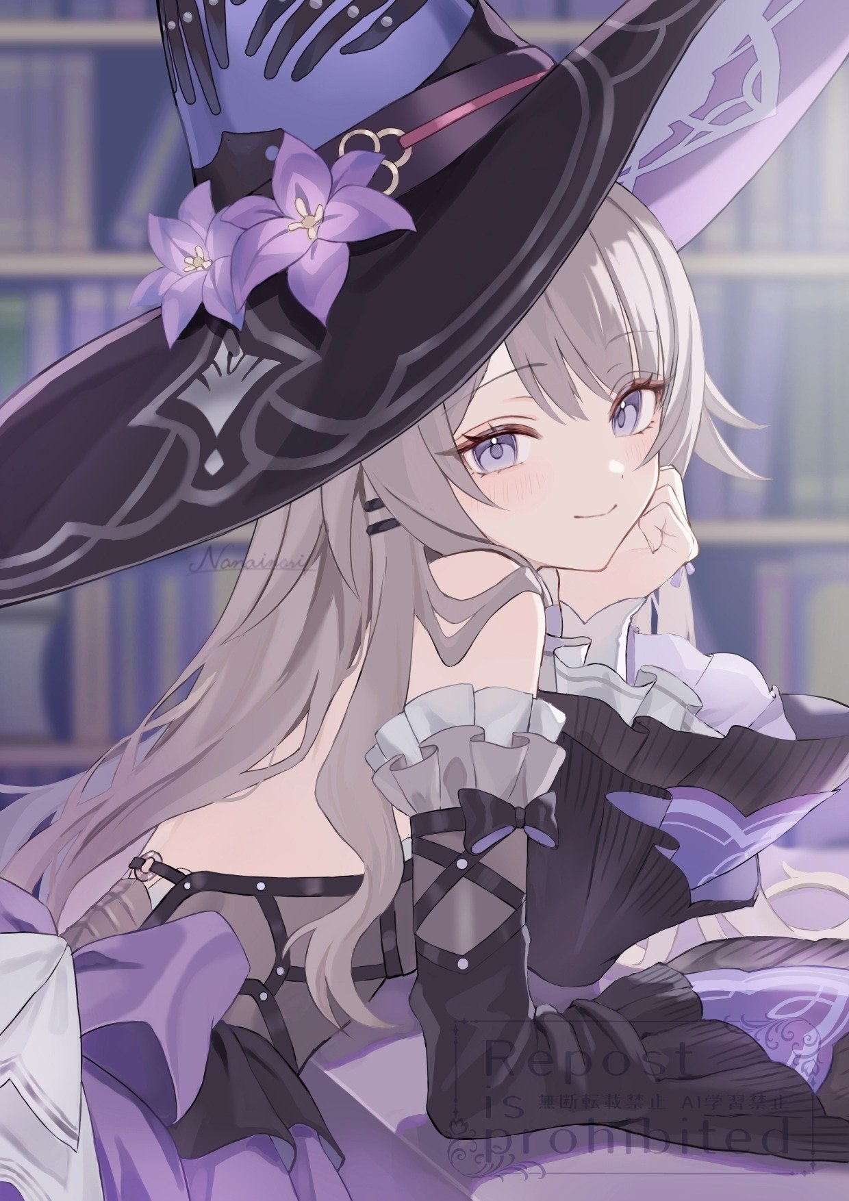 1girl, arm_support, backless_dress, backless_outfit, bare_shoulders, black_hat, blurry, blurry_background, bookshelf, closed_mouth, detached_sleeves, dress, grey_hair, hat, herta_(honkai:_star_rail), highres, honkai:_star_rail, honkai_(series), indoors, kiina_(mrnsor), long_hair, long_sleeves, looking_at_viewer, signature, smile, the_herta_(honkai:_star_rail), violet_eyes, wide_sleeves, witch_hat