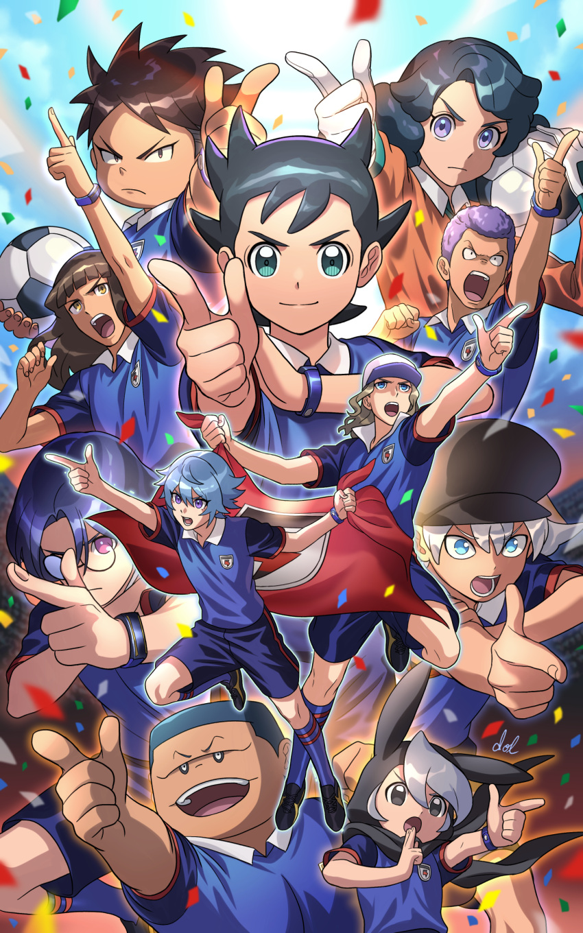 1girl, 6+boys, animal_ear_headwear, aqua_eyes, ball, baseball_cap, black_footwear, black_hair