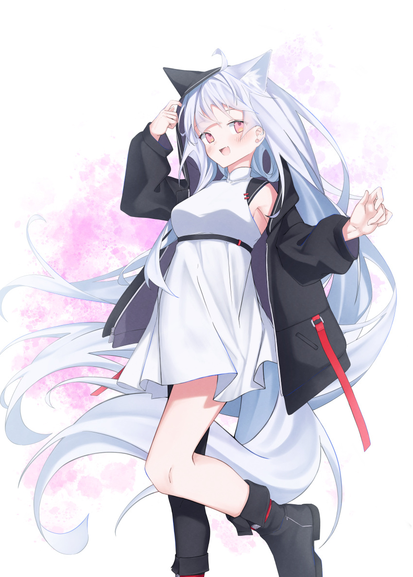 1girl, :d, absurdres, animal_ears, asymmetrical_legwear, black_footwear, black_jacket, boots