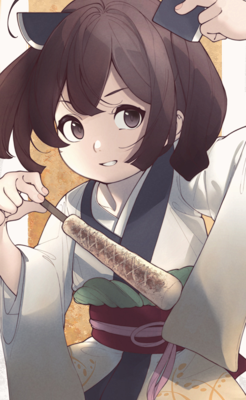 1girl, absurdres, ahoge, brown_background, brown_eyes, brown_hair, commentary_request, cowboy_shot