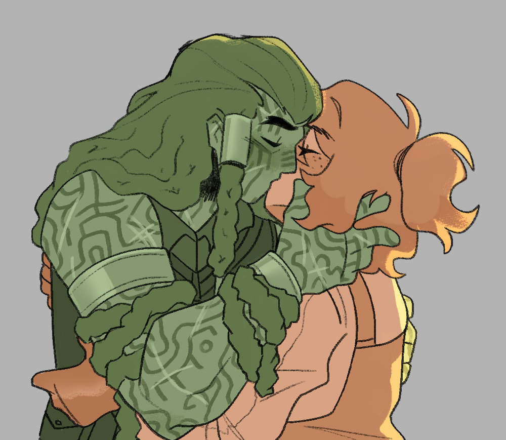 2girls, arm_tattoo, blush, braided_dreadlocks, closed_eyes, collared_shirt, color-coded, facial_tattoo