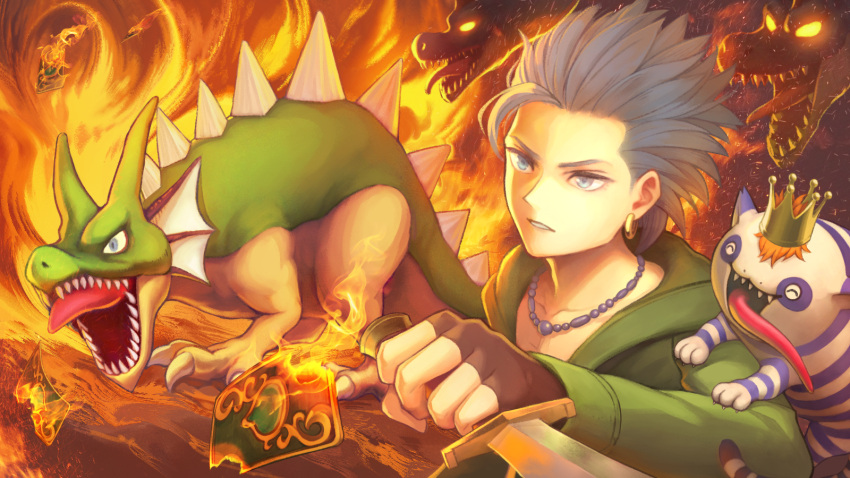 1boy, 3others, bead_necklace, beads, blue_eyes, blue_hair, brown_gloves, burning